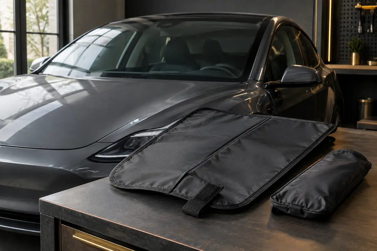 Pare-soleil noir pliable en nylon avec sangle auto-agrippante et pochette de rangement