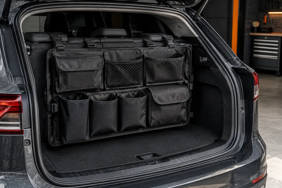Organiseur de coffre noir suspendu, avec huit poches et un filet élastique pour les accessoires auto.