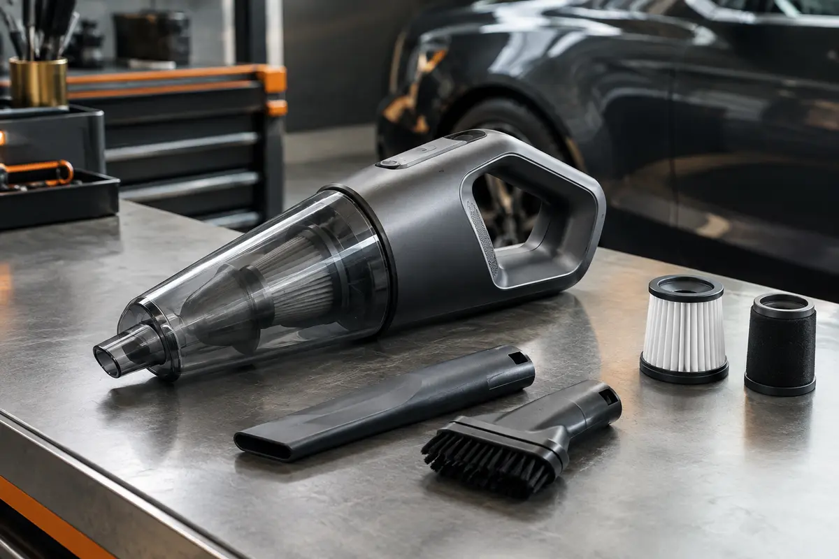 Aspirateur à main sans fil gris foncé avec suceur plat, brosse et filtres dans un atelier sobre