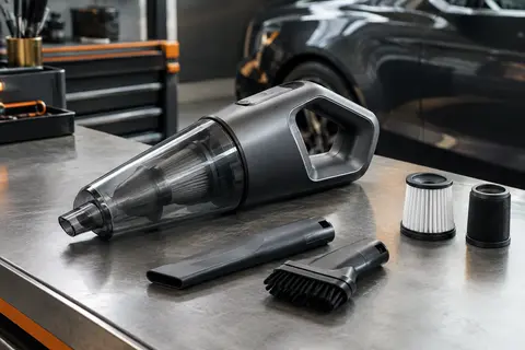Aspirateur à main sans fil gris foncé avec suceur plat, brosse et filtres dans un atelier sobre
