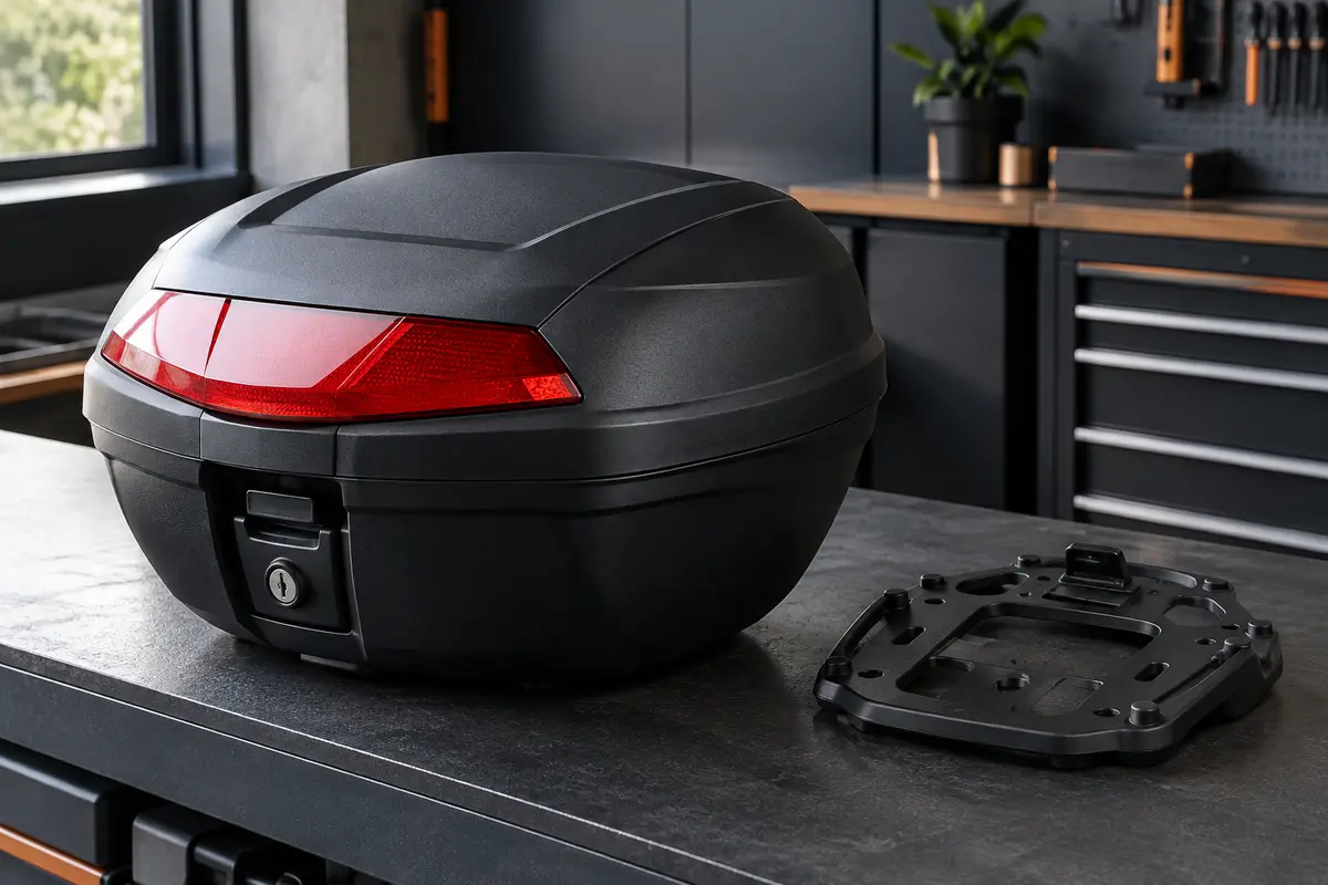Top case moto amovible en plastique ABS noir mat avec réflecteur extralarge, posé dans un atelier soigné.