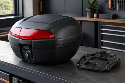 Top case moto amovible en plastique ABS noir mat avec réflecteur extralarge, posé dans un atelier soigné.
