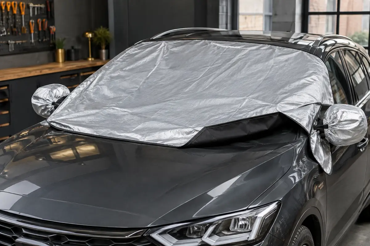 Housse de pare-brise argentée installée sur une voiture anthracite dans un atelier urbain