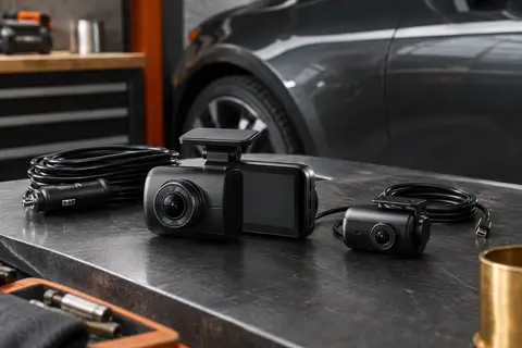 Dashcam noire avec écran intégré et caméra arrière présentées près d’un pare-brise