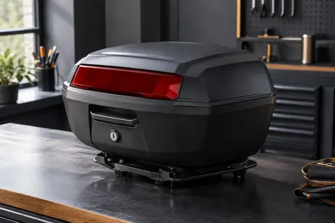 Top-case moto noir mat à coque rigide présenté avec sa plaque de support dans un atelier soigné.