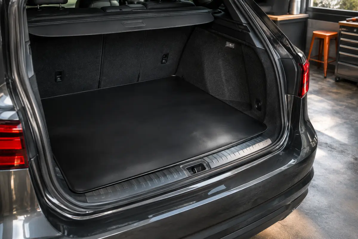 Tapis de coffre noir antidérapant TRIBURG posé dans le coffre d’une voiture anthracite