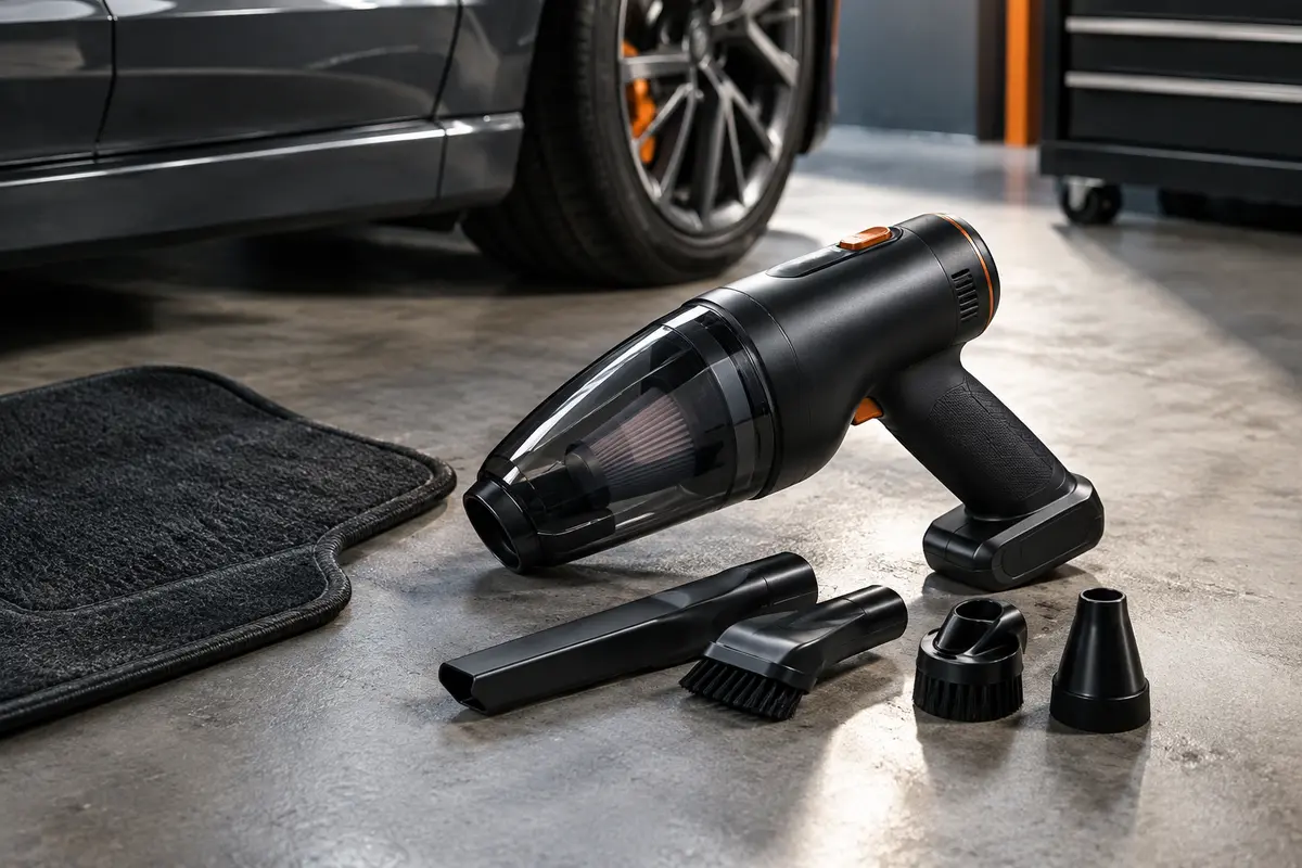 Aspirateur à main noir avec ses embouts, présenté près d’un habitacle automobile dans un atelier sobre.