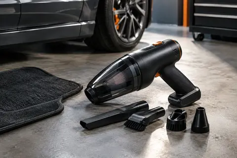 Aspirateur à main noir avec ses embouts, présenté près d’un habitacle automobile dans un atelier sobre.