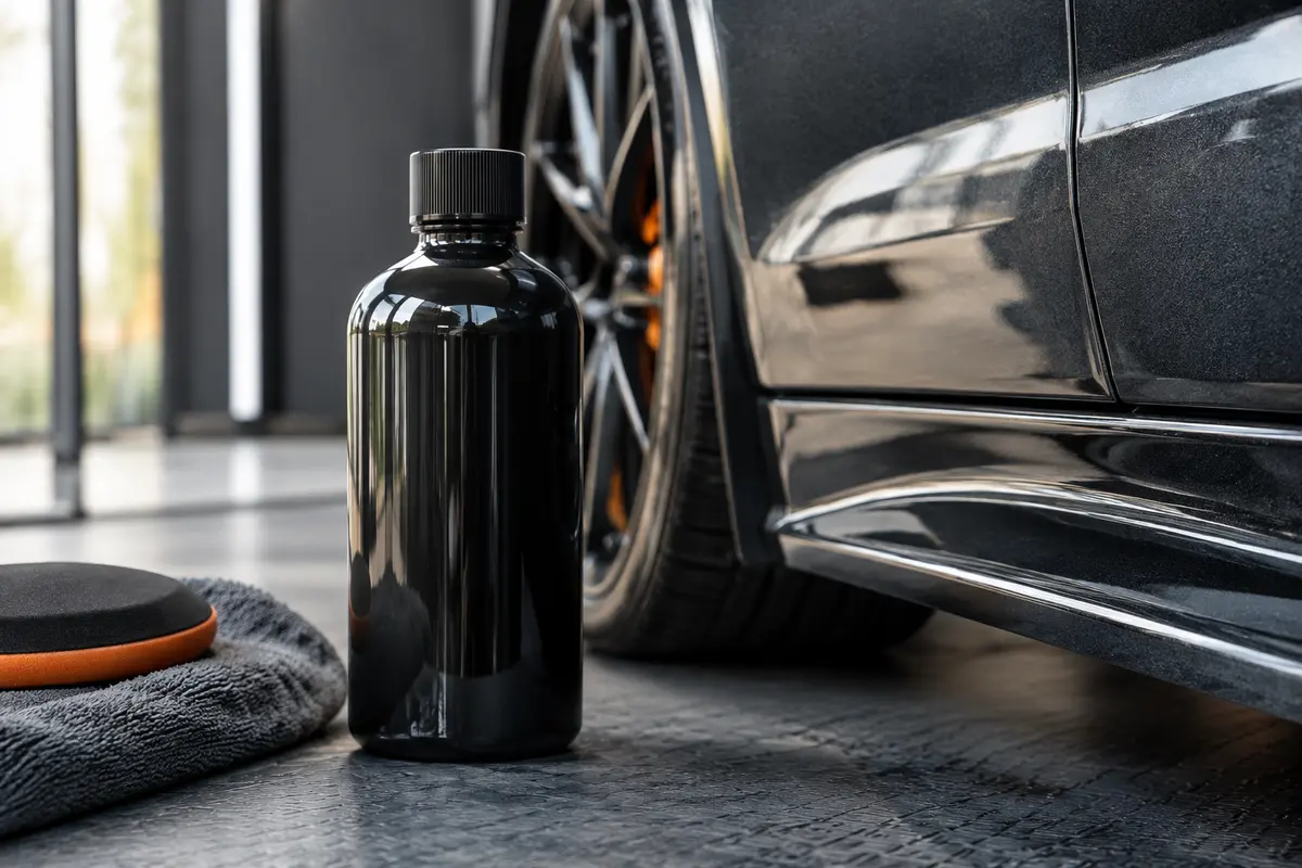 Flacon de polish liquide posé près d’une carrosserie anthracite brillante dans un atelier soigné.