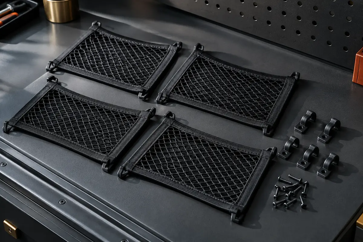 Quatre filets noirs en maille élastique fixés sur un panneau intérieur de coffre automobile