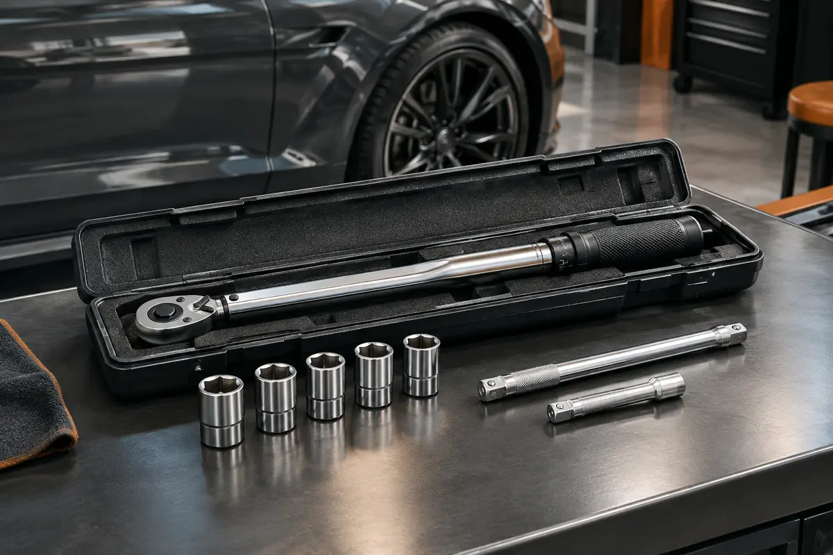 Clé dynamométrique mécanique en acier poli avec cinq douilles et deux rallonges dans un coffret