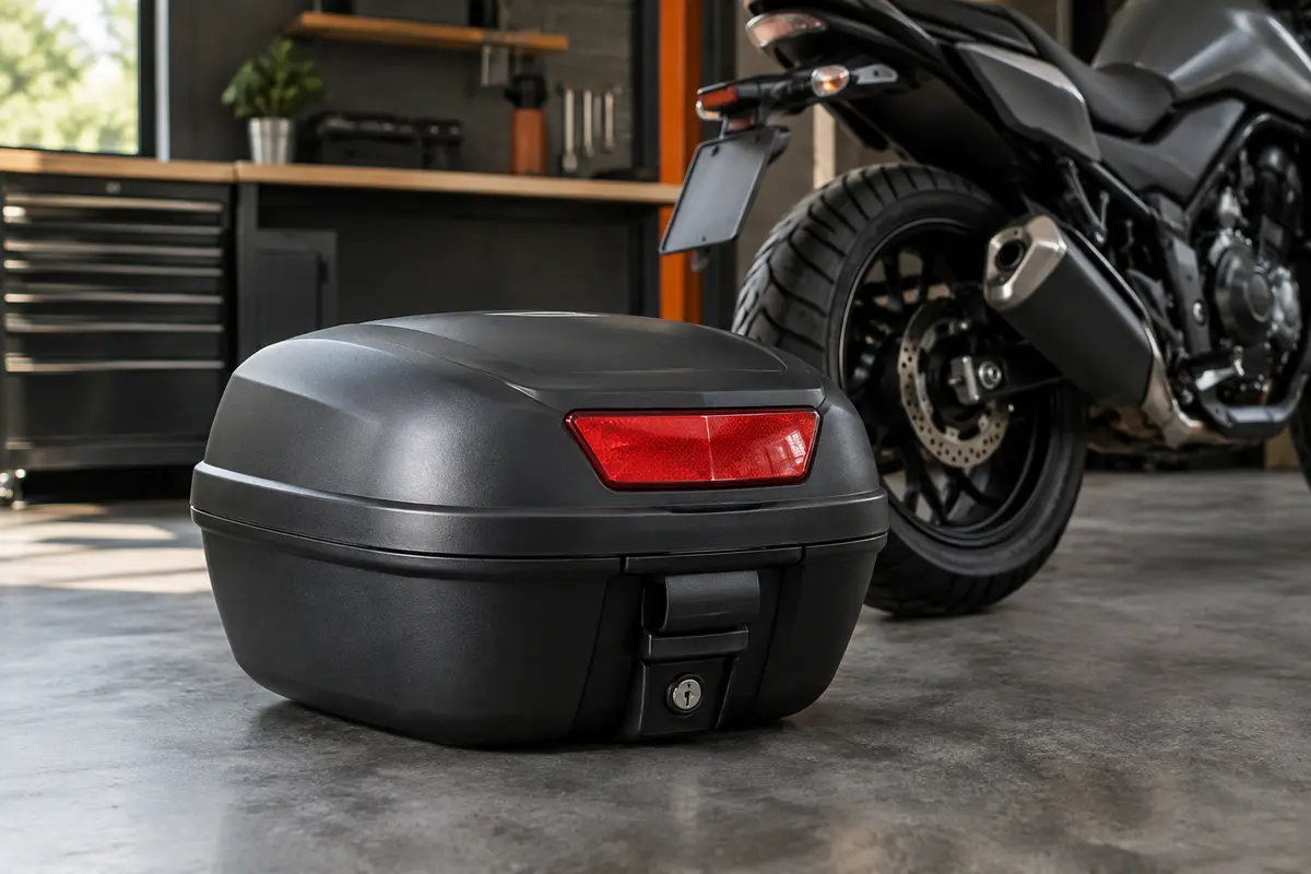 Coffre moto noir en polypropylène avec réflecteur intégré, posé sur un établi d’atelier.