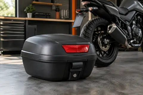 Coffre moto noir en polypropylène avec réflecteur intégré, posé sur un établi d’atelier.