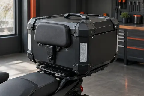 Top case moto rigide noir en aluminium, avec coins renforcés, bandes réfléchissantes et dossier intégré.