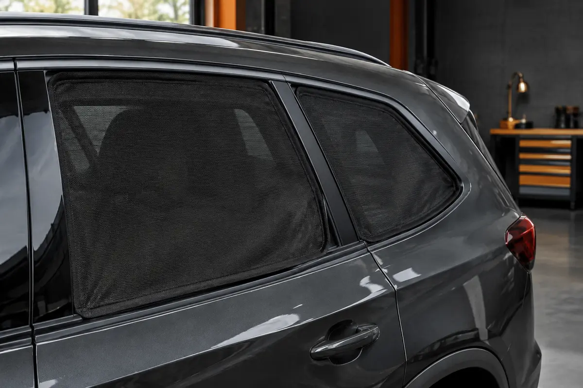 Paire de pare-soleils en maille noire installés sur les vitres arrière d’une voiture anthracite