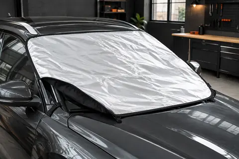 Housse de pare-brise blanche et noire fixée sur une voiture anthracite dans un atelier sobre