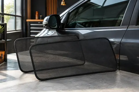 Deux pare-soleil noirs en maille posés sur les vitres latérales d’une voiture anthracite