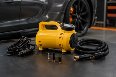 Compresseur portable WindGallop jaune avec écran numérique, tuyau, câble et trois adaptateurs