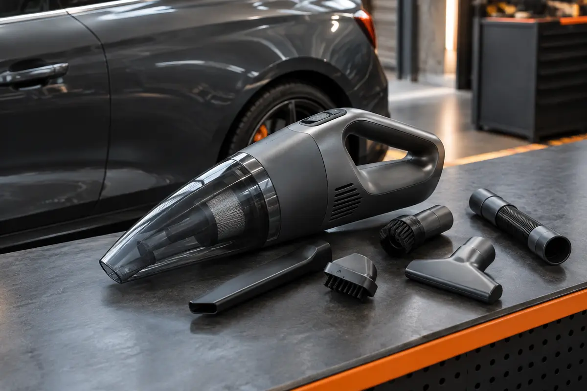 Aspirateur à main sans fil gris foncé avec bac détachable et embouts de nettoyage posés sur un établi