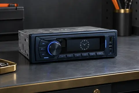 Autoradio Wistrue 1 DIN à façade bleue, écran d’horloge et commandes éclairées dans un atelier sobre.
