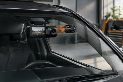 Dashcam noire à écran de 3 pouces et caméra arrière, installée dans un habitacle automobile sobre.