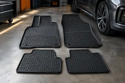 Quatre tapis de voiture noirs en PVC gaufré, présentés dans un habitacle sobre avec aspect aluminium