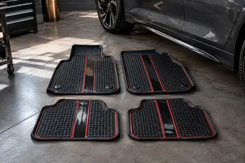 Quatre tapis de voiture noirs à détails rouges, avec relief antidérapant et bande centrale brillante.