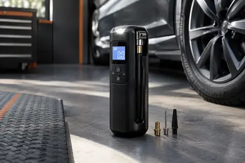 Gonfleur de pneus Woowind noir avec écran LCD, tuyau intégré et adaptateurs de valve
