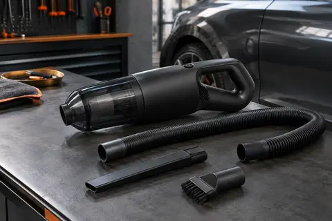 Aspirateur voiture WORX noir avec tuyau extensible, suceur plat et brosse, présenté dans un atelier sobre