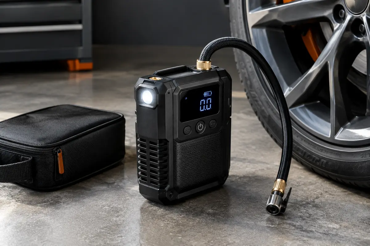 Compresseur portable Xiaomi noir posé près d’une roue dans un atelier automobile sobre.