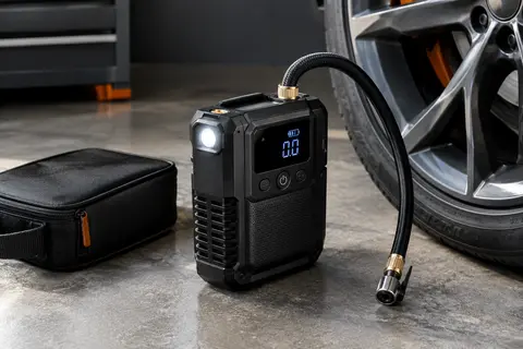 Compresseur portable Xiaomi noir posé près d’une roue dans un atelier automobile sobre.
