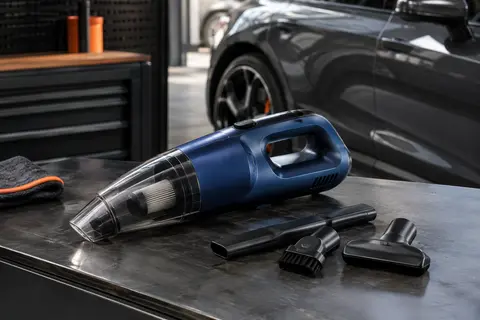 Aspirateur à main sans fil bleu accompagné de ses embouts, mis en scène près d’un intérieur de voiture.