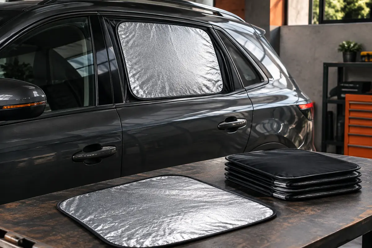 Pare-soleil de vitre latérale aux faces argentée et noire, fixé par aimants dans une voiture