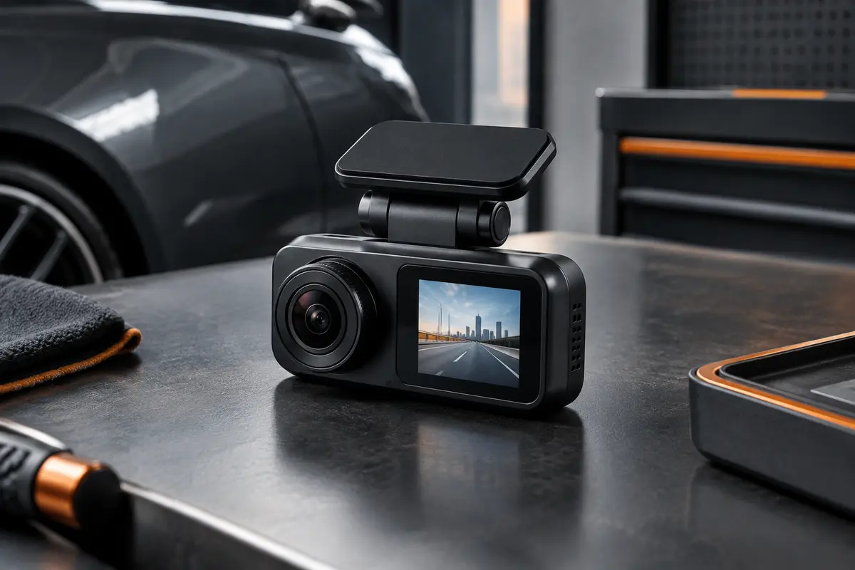 Dashcam noire compacte avec écran IPS installée sur le tableau de bord d’une voiture anthracite.