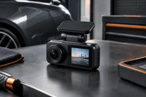 Dashcam noire compacte avec écran IPS installée sur le tableau de bord d’une voiture anthracite.