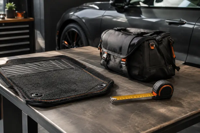 Accessoires d’entretien et de dépannage auto réunis près d’une roue et d’un coffre ouvert.