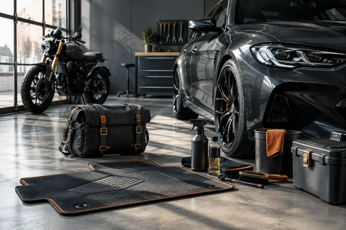 Accessoires auto et moto disposés autour d’un habitacle et d’un coffre, avec des équipements d’entretien.